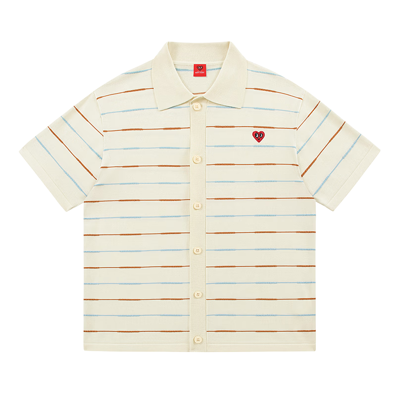 Charles Peach Heart Summer Trendy Small Heart Striped Couple Short Sleeve Polo Shirt Cool Casual Unisex Off-White M