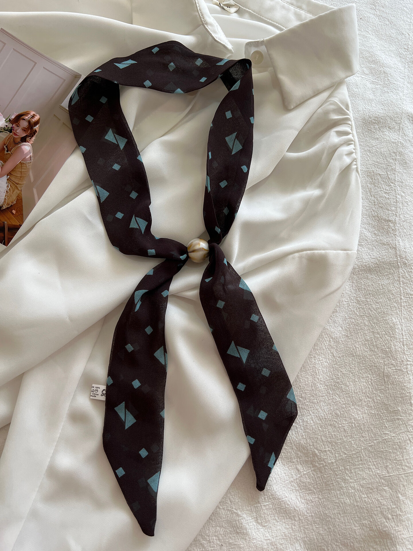 Spapani Premium Korean Style Beaded Silk Scarf Necklace for Women Spring Summer Versatile Thin Narrow Long Neck Scarf Hair Tie Accessory 5