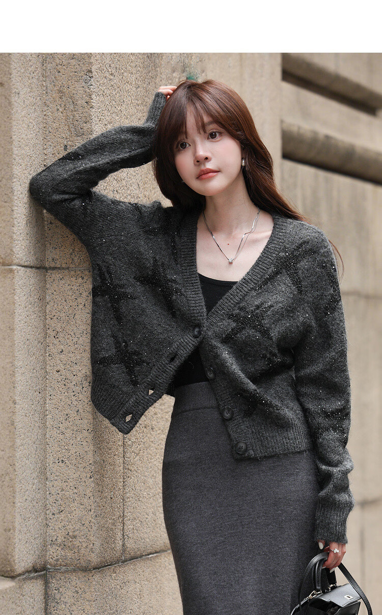 MT Shiny Romance Autumn Sequin V-Neck Wool Blend Short Knit Cardigan for Women 4