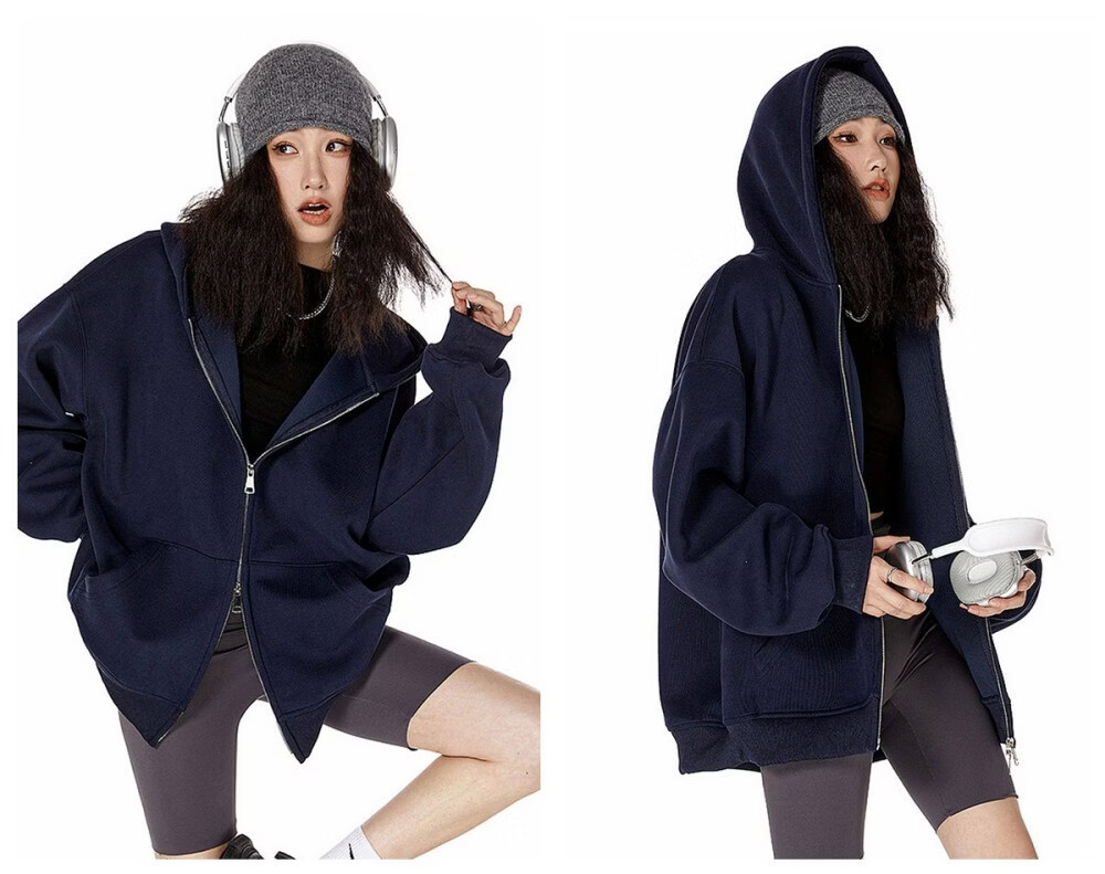ICH MODE Women's American Style Hoodie Jacket 2026 Spring Autumn New Loose Fit Zip-up Lazy Long Sleeve Top Black S 35