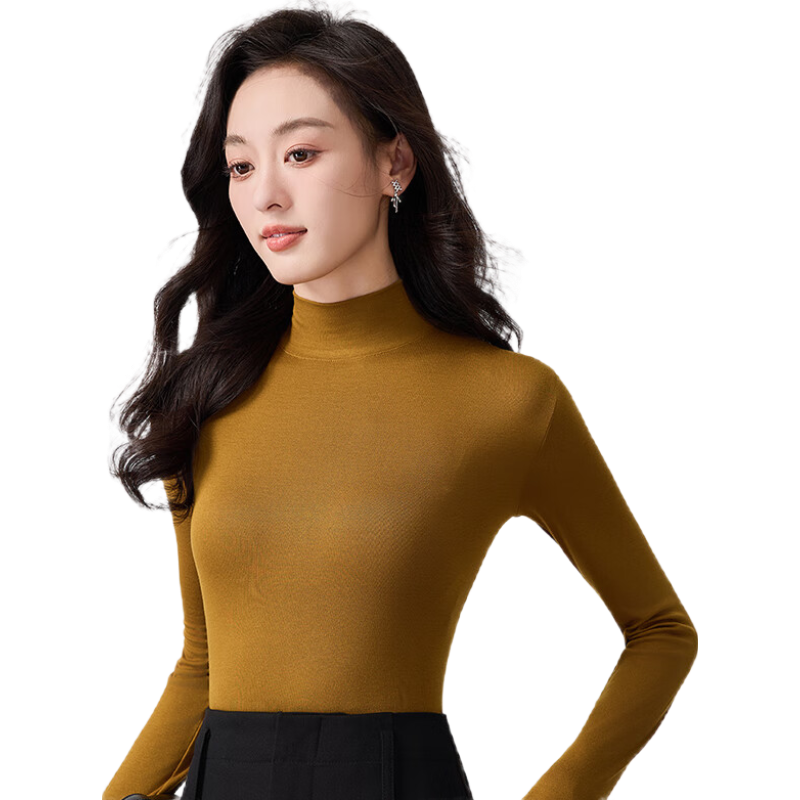 LangSha Spring And Autumn Modal Solid Color Semi-Turtleneck Base Layer Top for Women, Slim Fit Thin Inner Wear Long Sleeve Slimming Stylish Blouse