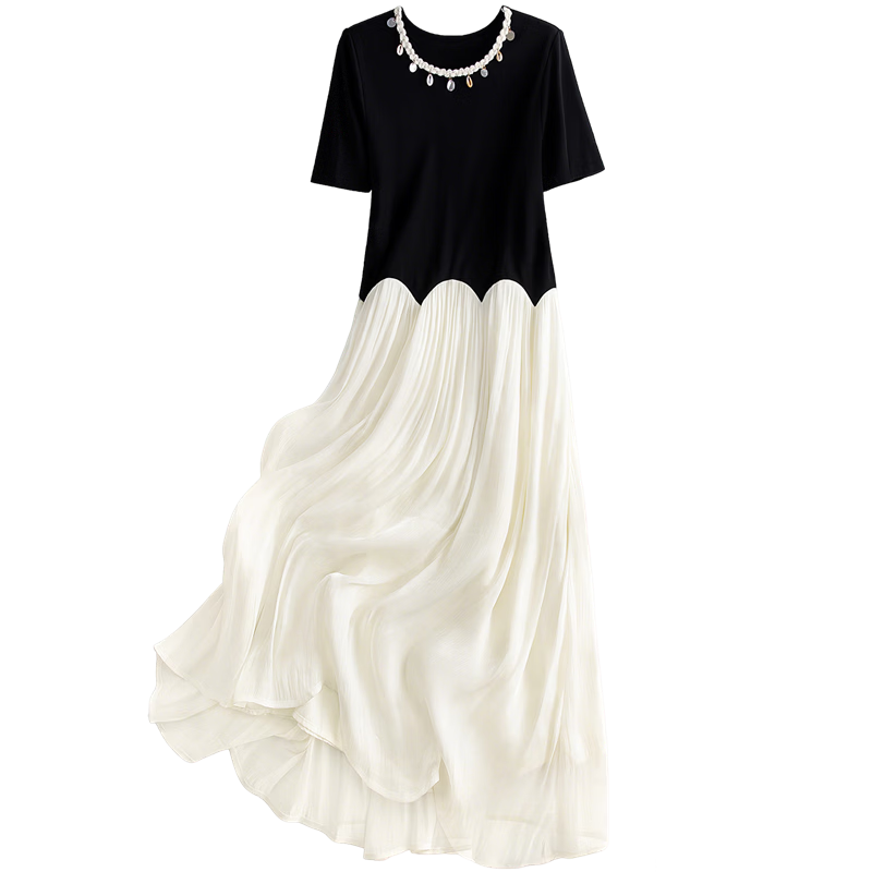Cypress House Colorblock Crew Neck Short Sleeve Dress Women 2026 Spring New Fashion Simple Two-in-One Casual Dress