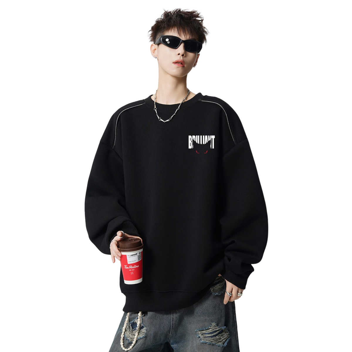 Homlean Heavyweight American Style Crewneck Sweatshirt Men Autumn Winter Letter Print Long Sleeve T-Shirt HB66 Black 2XL