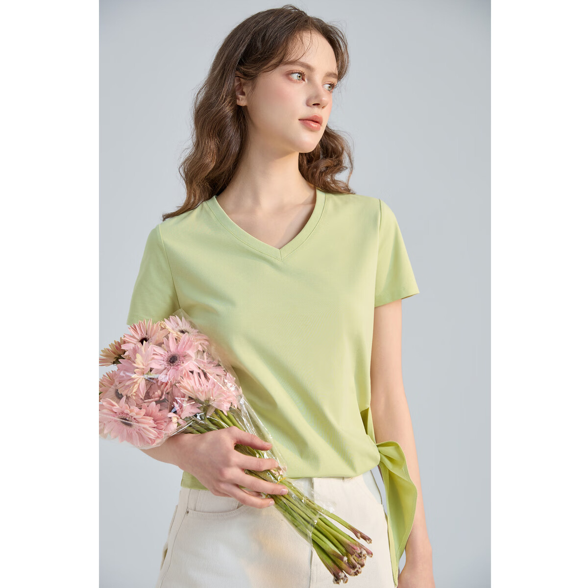 TonLion 2026 Summer New Women's V-Neck Short Sleeve T-Shirt with Unique Hem Design, Waist Slimming, Versatile Solid Color Top