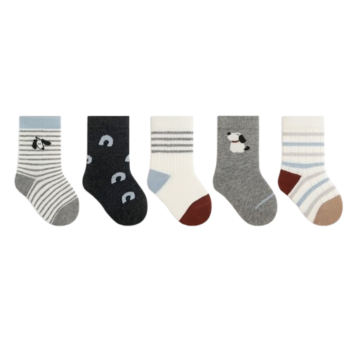 Five Cotton Flowers 5-Pair Children's Socks Spring Summer Combed Cotton Breathable Cartoon Mid-Calf Seamless Baby Socks Class A