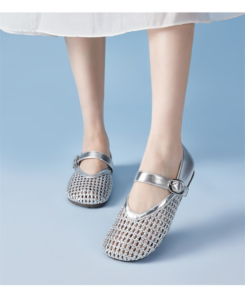 Eierkang Women's Spring Summer Hollow Woven Breathable Mary Jane Flat Shoes 29421W Silver Size 35 5