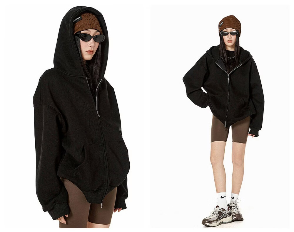 ICH MODE Women's American Style Hoodie Jacket 2026 Spring Autumn New Loose Fit Zip-up Lazy Long Sleeve Top Black S 31