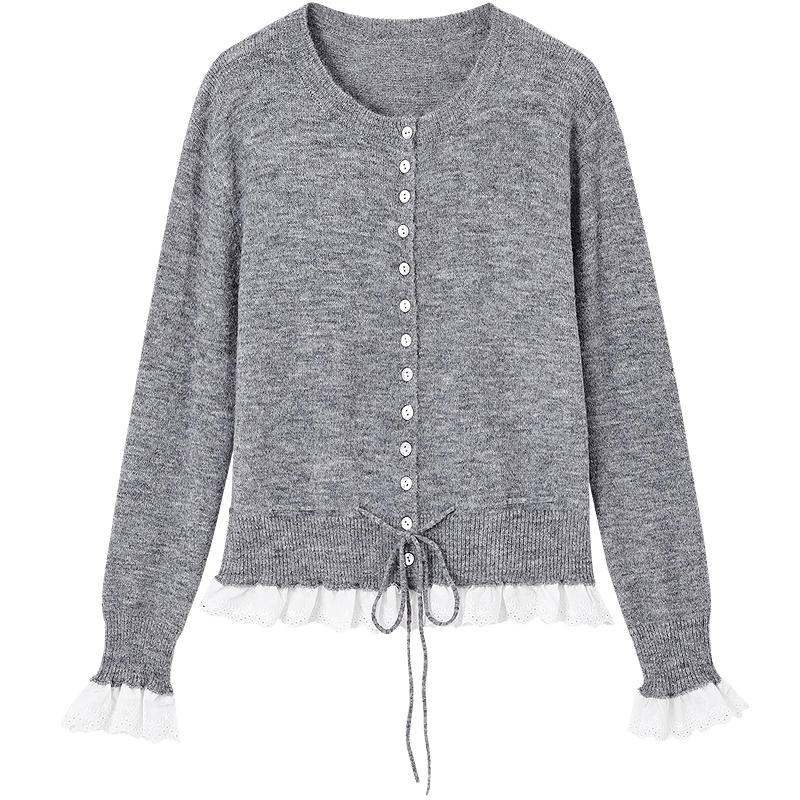 Demana Spring Sweet Crew Neck Shell Button Knit Sweater with Contrasting Lace Trim and Drawstring, Wool Blend
