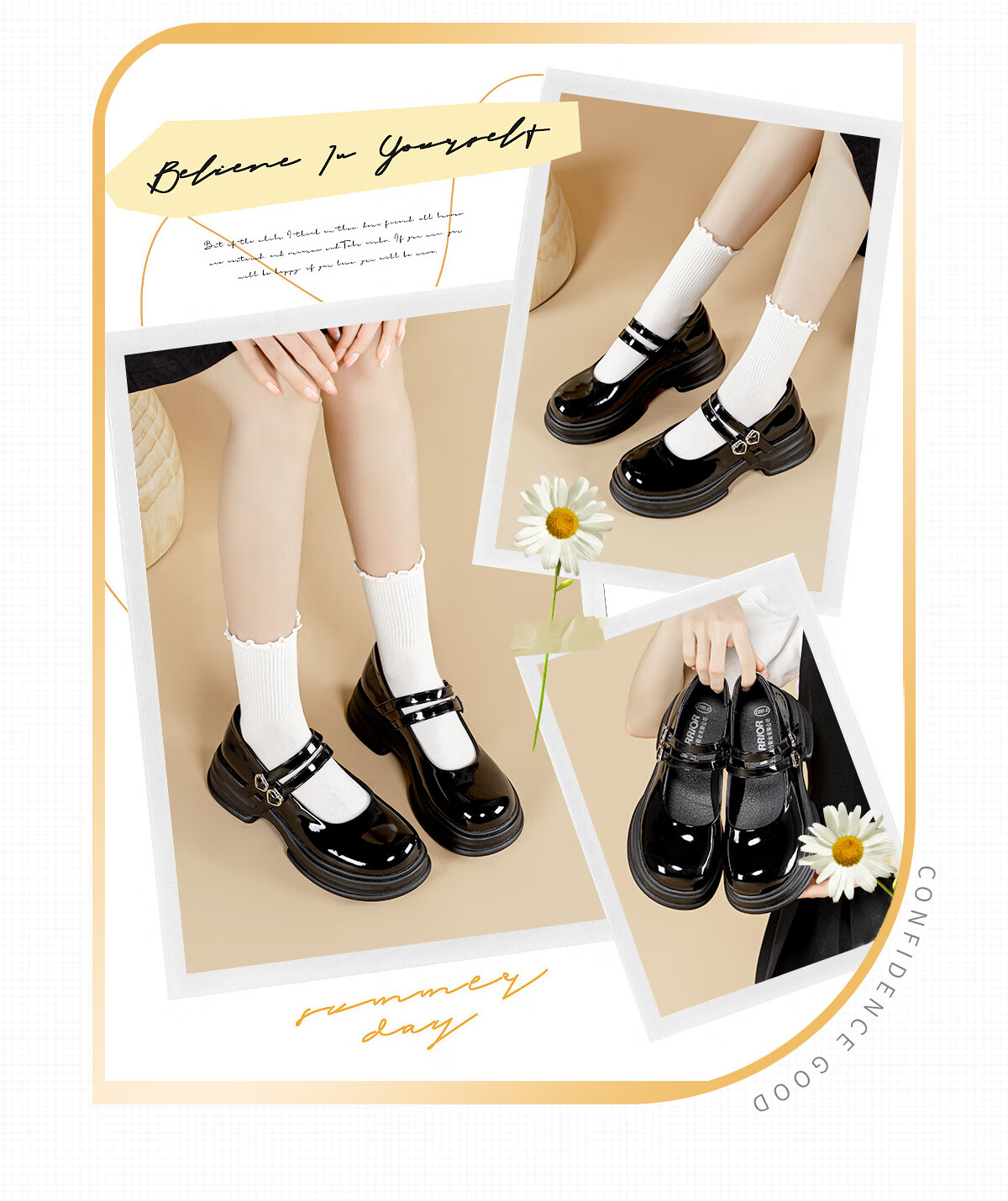 Warrior Mary Jane Women's Shoes New Spring Thick Sole French Style Loafers Versatile School Style Black JK Leather Shoes Black 39 1
