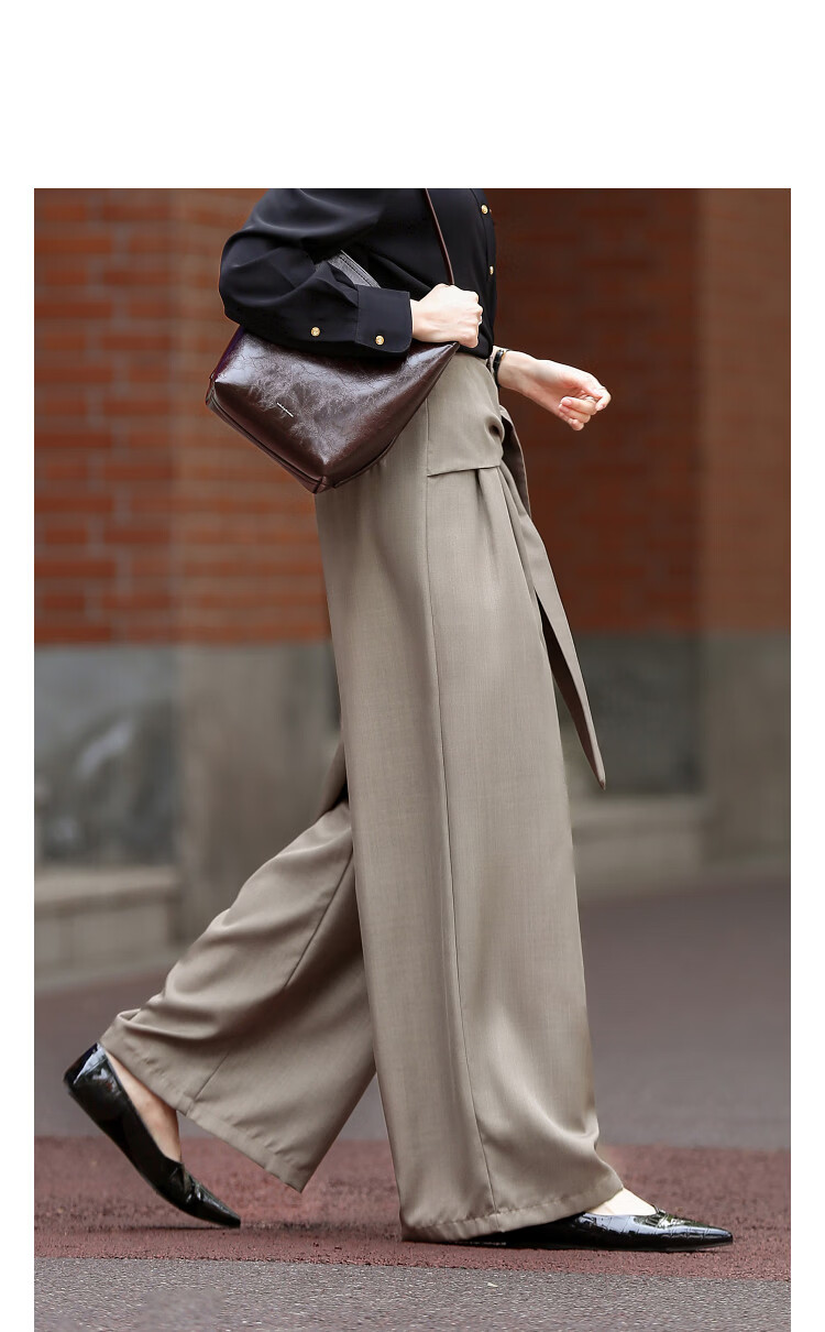Demana Layered Style CP Spring Fake Two-Piece Tie-Waist Pleated Petite Loose Women's Wide-Leg Casual Pants 11