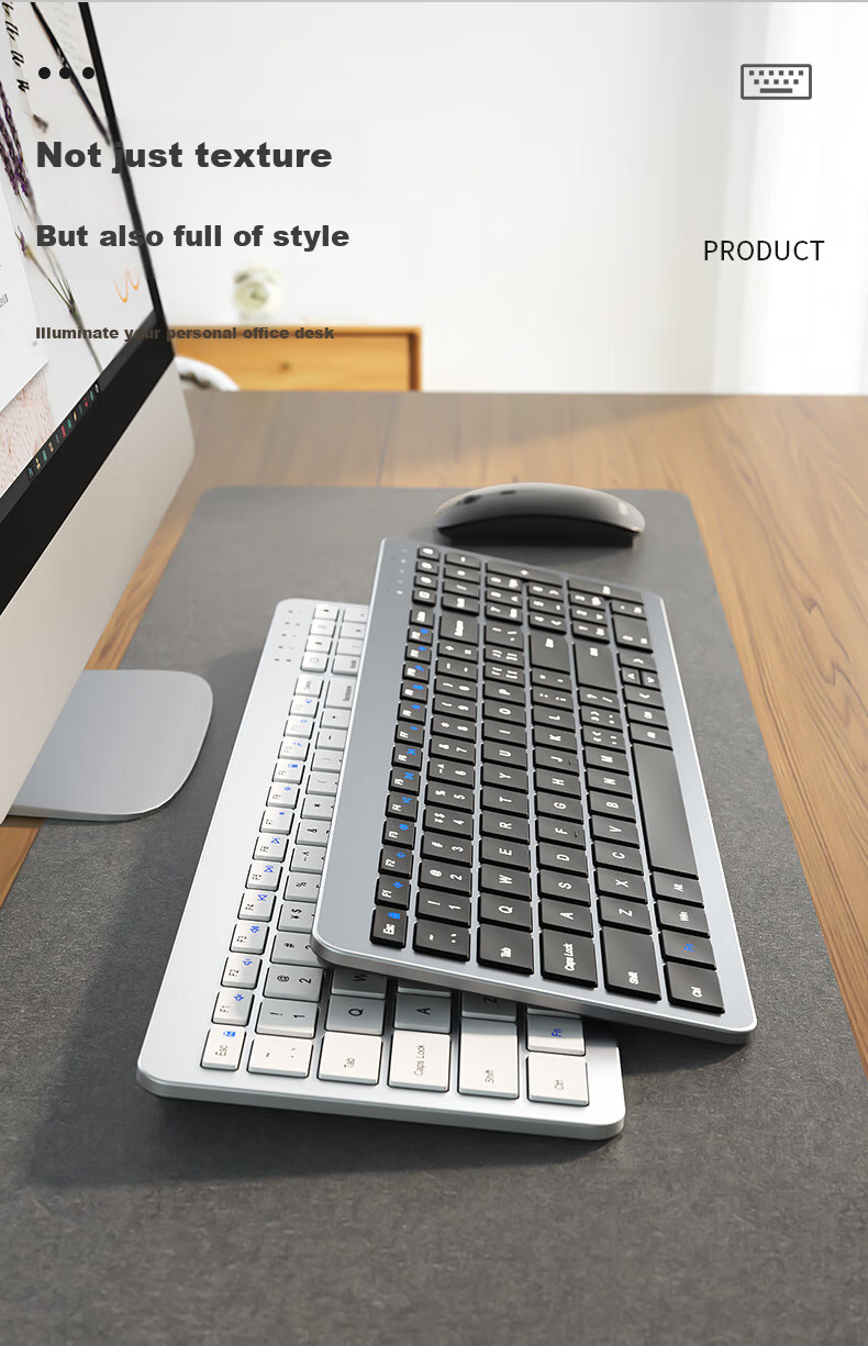 B.O.W Hangshi HW198DL-2 Rechargeable Ultra-thin Wireless Keyboard and Mouse Set for Laptop Desktop External Silent USB Small Business Office Home Use Silver White 2