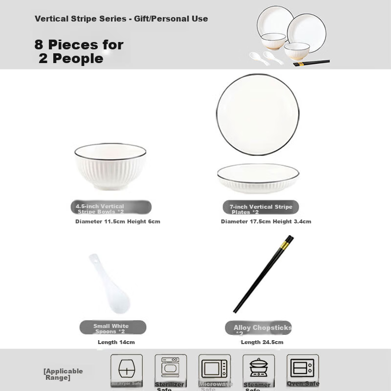 Pearson Underglaze Color Ceramic Tableware Set, 8-Piece Ribbed Bowls, Plates, and Chopsticks for Couples, Home Dining Set