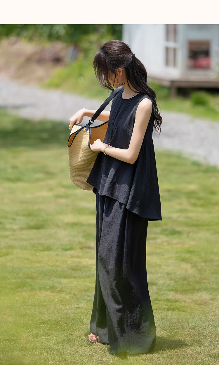 Demana [Simple Heart] Summer Cool Sensation Artistic Style Set Sleeveless Top Elastic Waist Casual Pants Two-Piece Set for Women 23