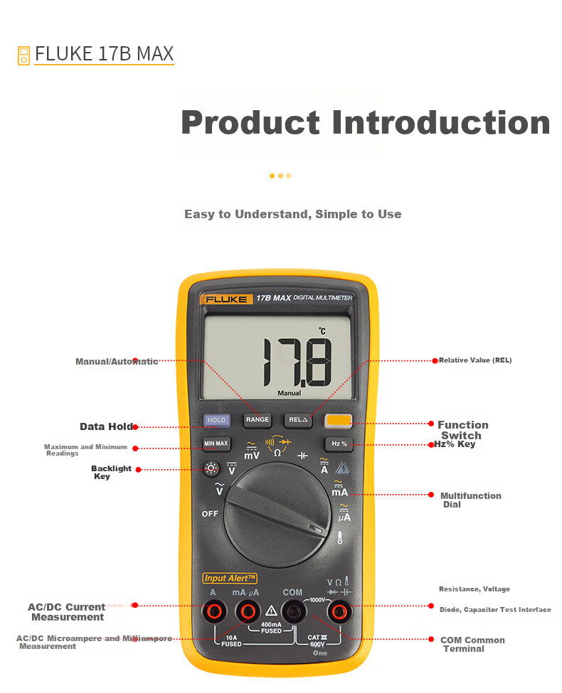 FLUKE 15B MAX KIT Digital Multimeter, High-Precision Smart Electrician Meter, Multimeter, Multi-Purpose Ammeter 10