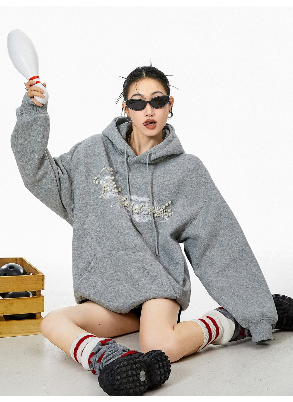 ICH MODE American Style Gray Hoodie Women 2026 Spring New Loose Casual Pullover Jacket White S 23