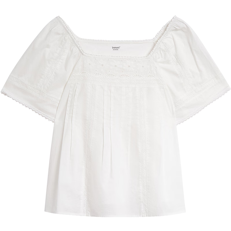 INMAN French Style Square Neck Hollow Embroidered Short Sleeve Shirt 26 Summer New Romantic Lace Top Pearl White M