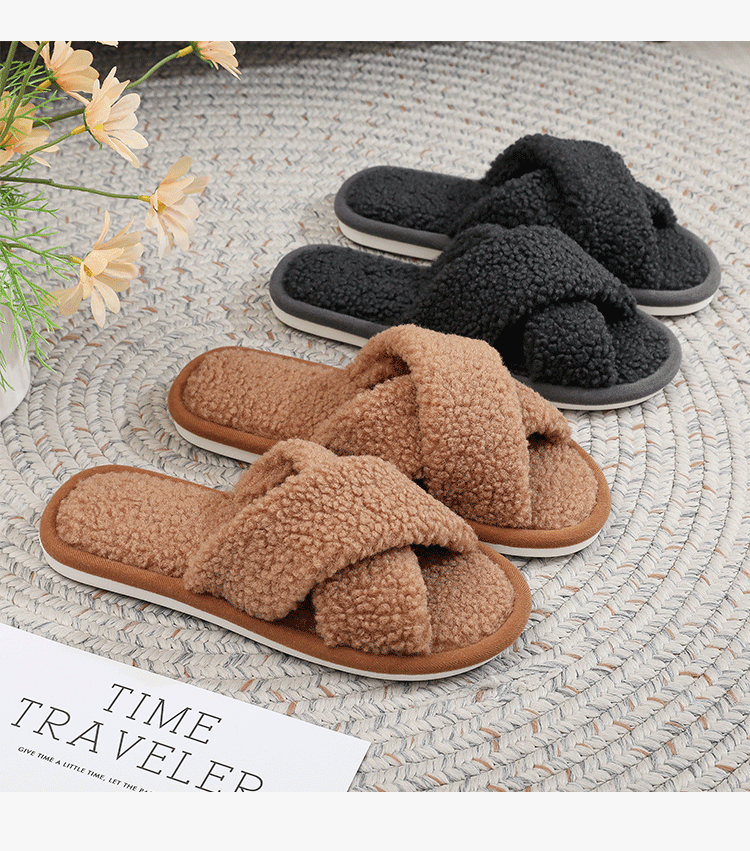 XGGC Cross Fuzzy Slippers Spring Autumn Indoor Couples Home Open Toe Ins Plush Cotton Slippers Pink 36-37 11