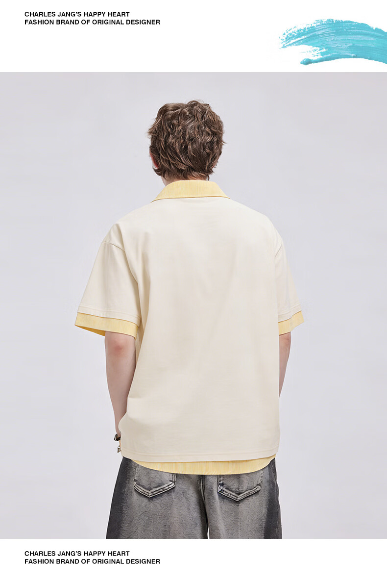 Charles Peach Heart American Style Trendy Fake Two-Piece Small Heart Pure Cotton Couple Casual Short Sleeve Polo Shirt Unisex Light Khaki XS 16