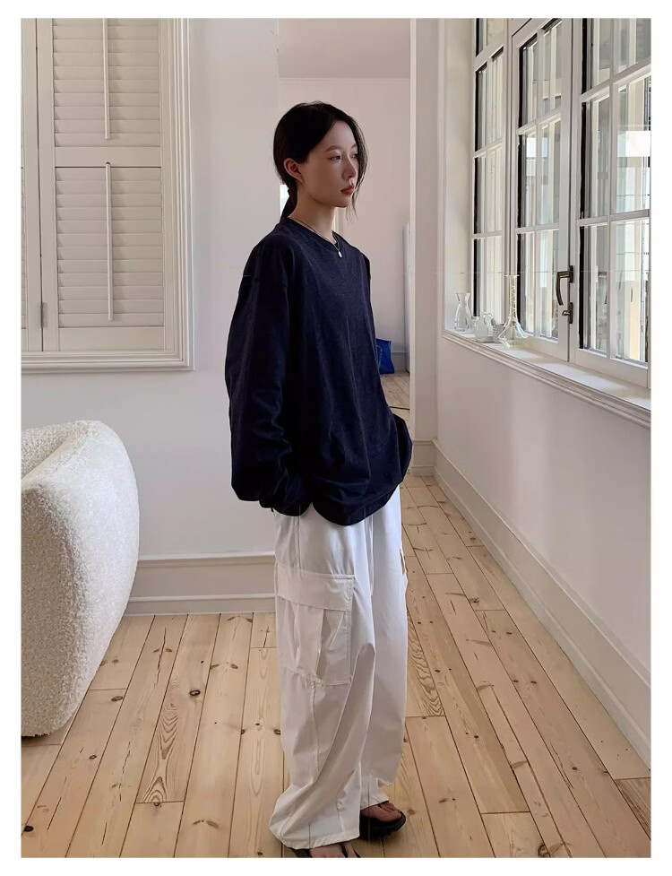 ICH MODE "Versatile King" Bamboo Cotton White Long Sleeve T-Shirt Women Loose Pullover Solid Color Base Shirt White XL 14