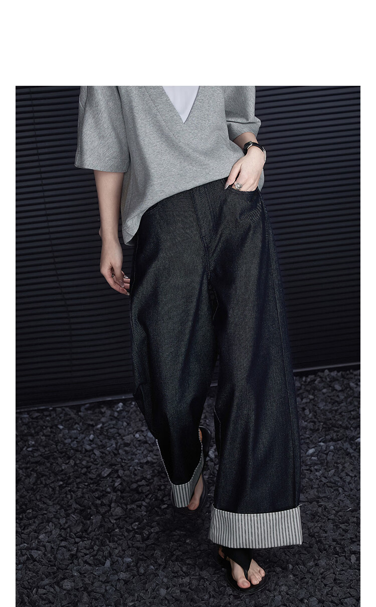 Demana [Cloud Feel Cotton Blend] Spring High-Waist Straight-Leg Striped Patchwork Cuffed Petite Elegant Women's Jeans 11