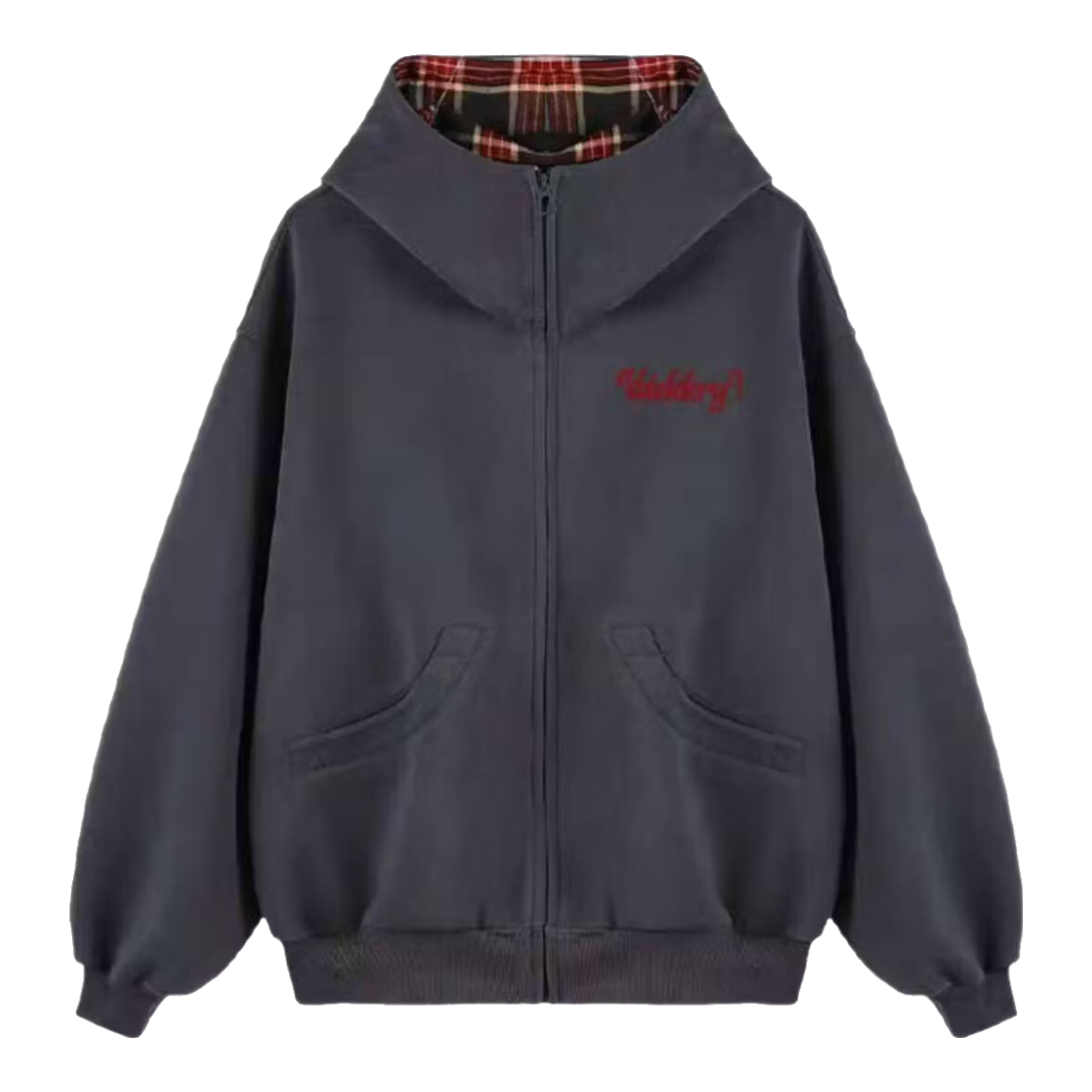 ICH MODE Celebrity Style Women's Hoodie American Plaid Patchwork Zip-up Sweatshirt Autumn Jacket Sports Cardigan Top Dark Gray L