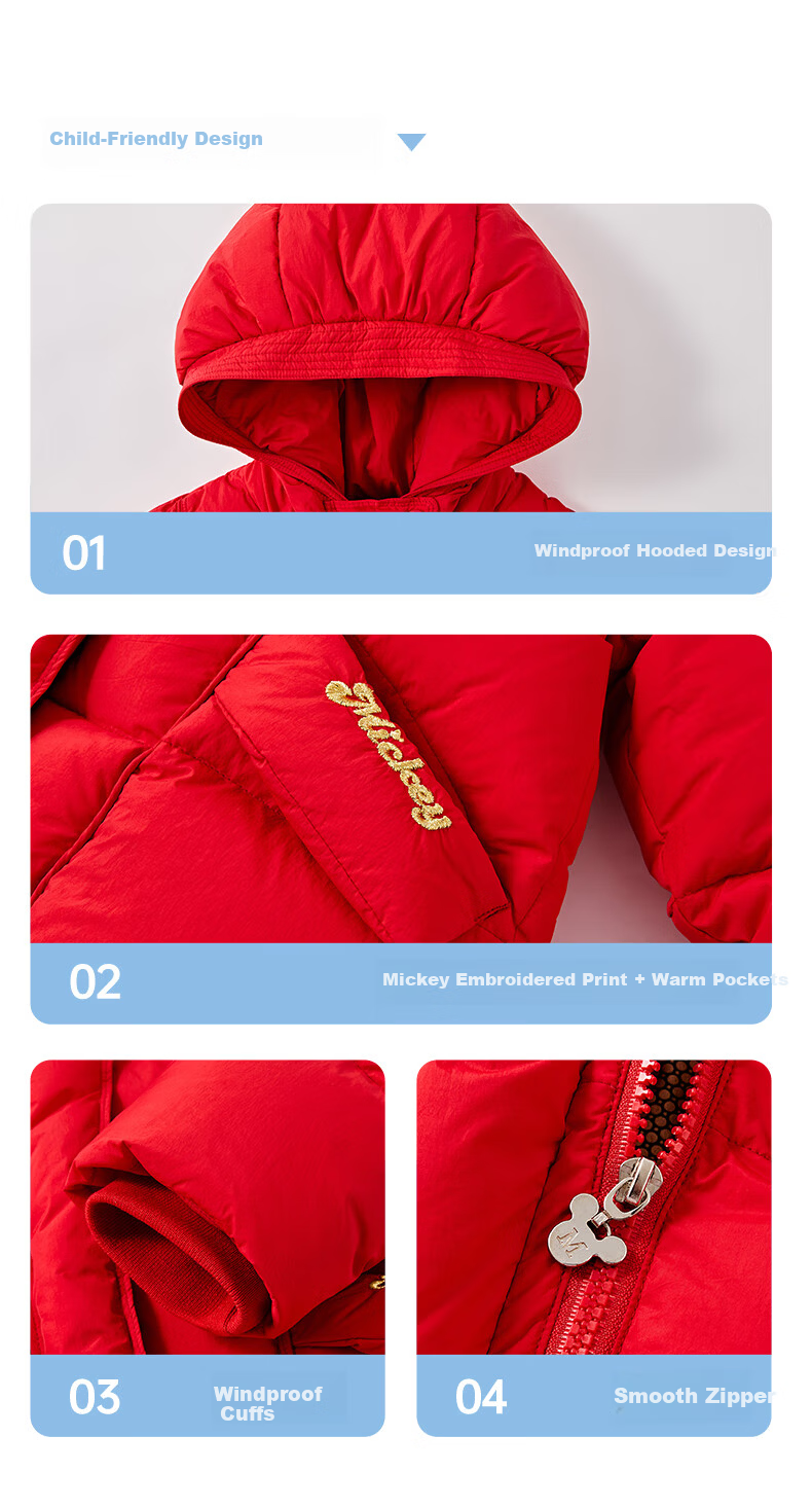 Disney Children's Down Jacket 2026 Autumn Winter New Boys' Red Mid-Length Coat Girls' New Year Outfit Kids' Clothing 6