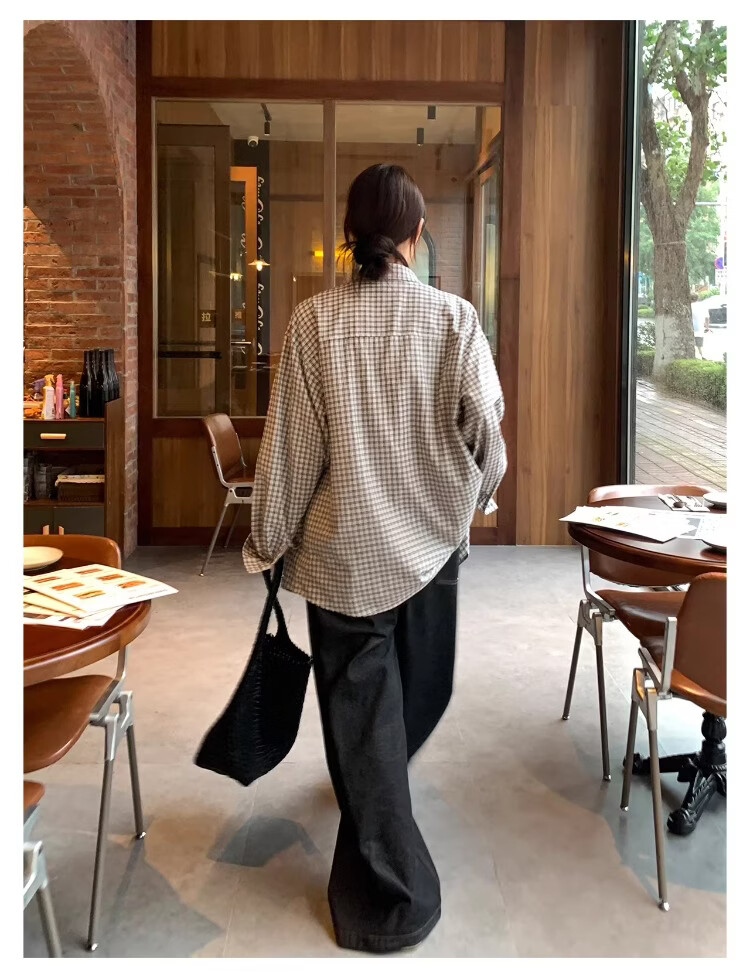 ICH MODE "Plaid Collector" Korean Retro Casual Black and White Plaid Long Sleeve Shirt Spring Autumn Shirt Silver Gray L 12