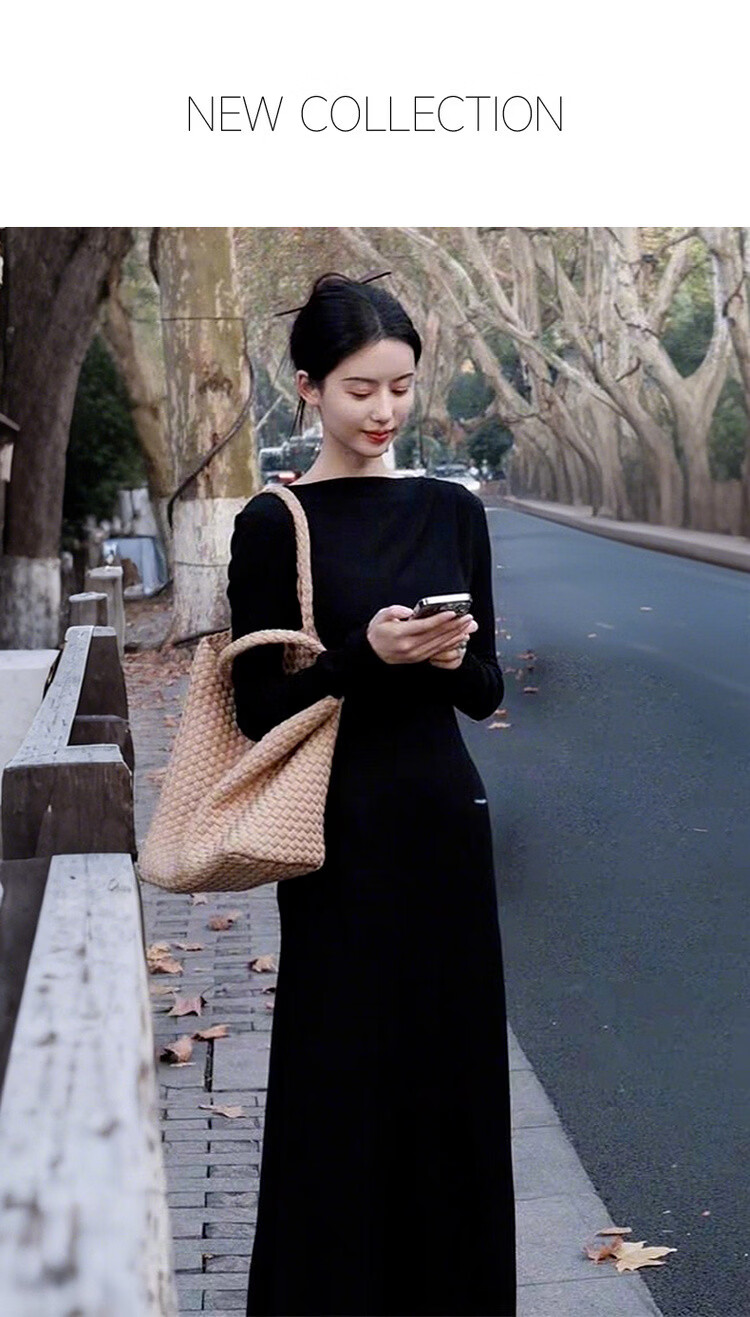 MT Elegant Curve Spring French Style Off-Shoulder Waist-Slimming High-Quality Knit Long Dress for Women 1