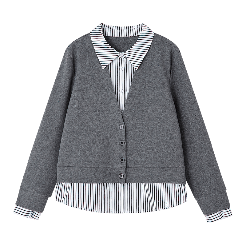 Demana Q-Elastic Air Layer Spring Smart Wind Fake Two-Piece Striped Splice Lapel Loose Petite Women's Jacket