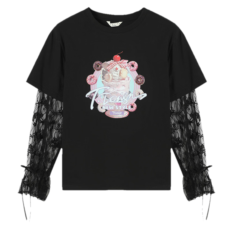 TonLion 2026 Spring Women's Fake Two-Piece Long Sleeve T-Shirt Black M