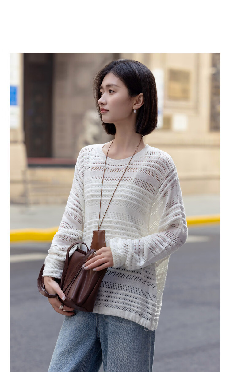 Demana [With Mulberry Silk and Wool] Spring Elegant Hollow Stripe Batwing Sleeve Elastic Slim Knit Sweater for Women Premium 11
