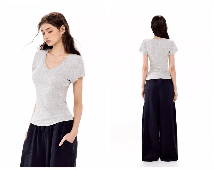 ICH MODE American Vintage Slim Fit V-Neck Cropped Short Sleeve T-Shirt Women Summer New Basic Shoulder Top Dark Purple S 24