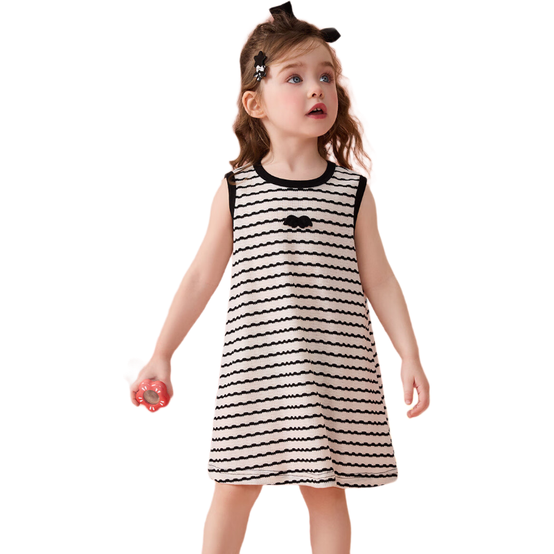 ASK JUNIOR Summer Children's Dress, Toddler Wavy Striped Sleeveless Vest Dress, Girls' Back Large Wing