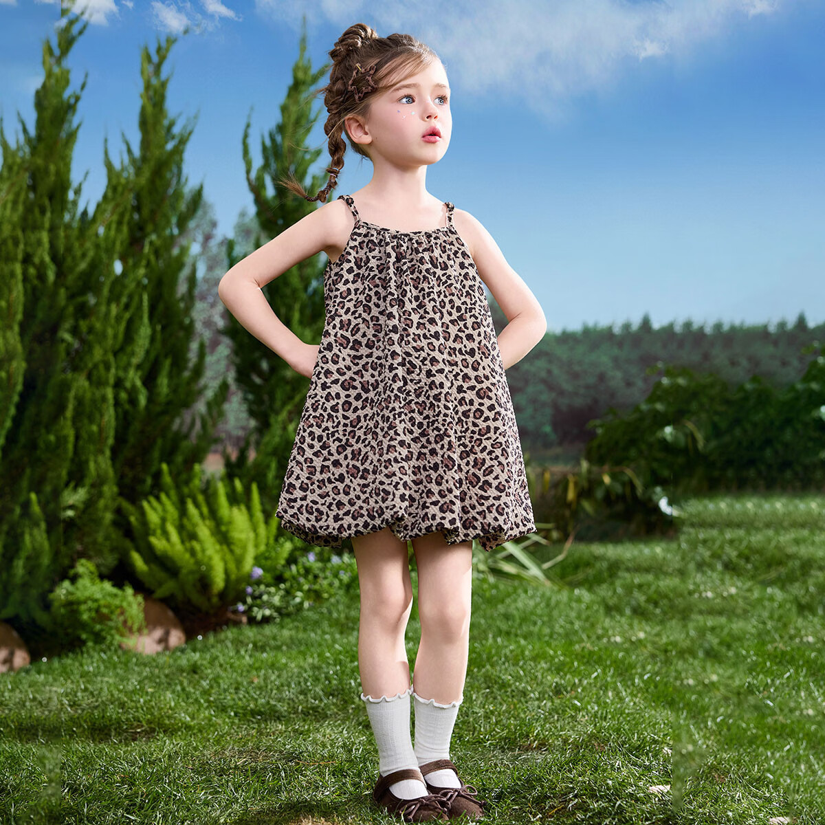 ASK JUNIOR Kids Summer Leopard Print Sleeveless Bubble Dress for Girls 6