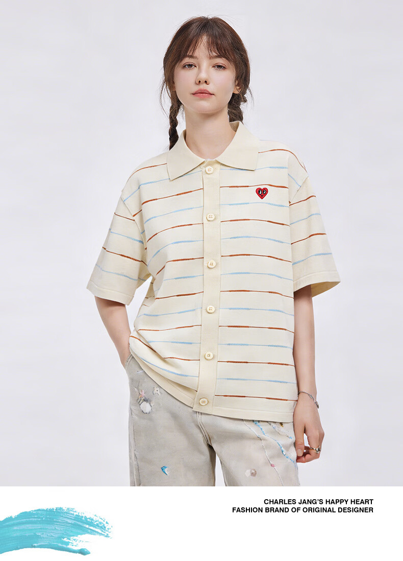 Charles Peach Heart Summer Trendy Small Heart Striped Couple Short Sleeve Polo Shirt Cool Casual Unisex Off-White XS 13