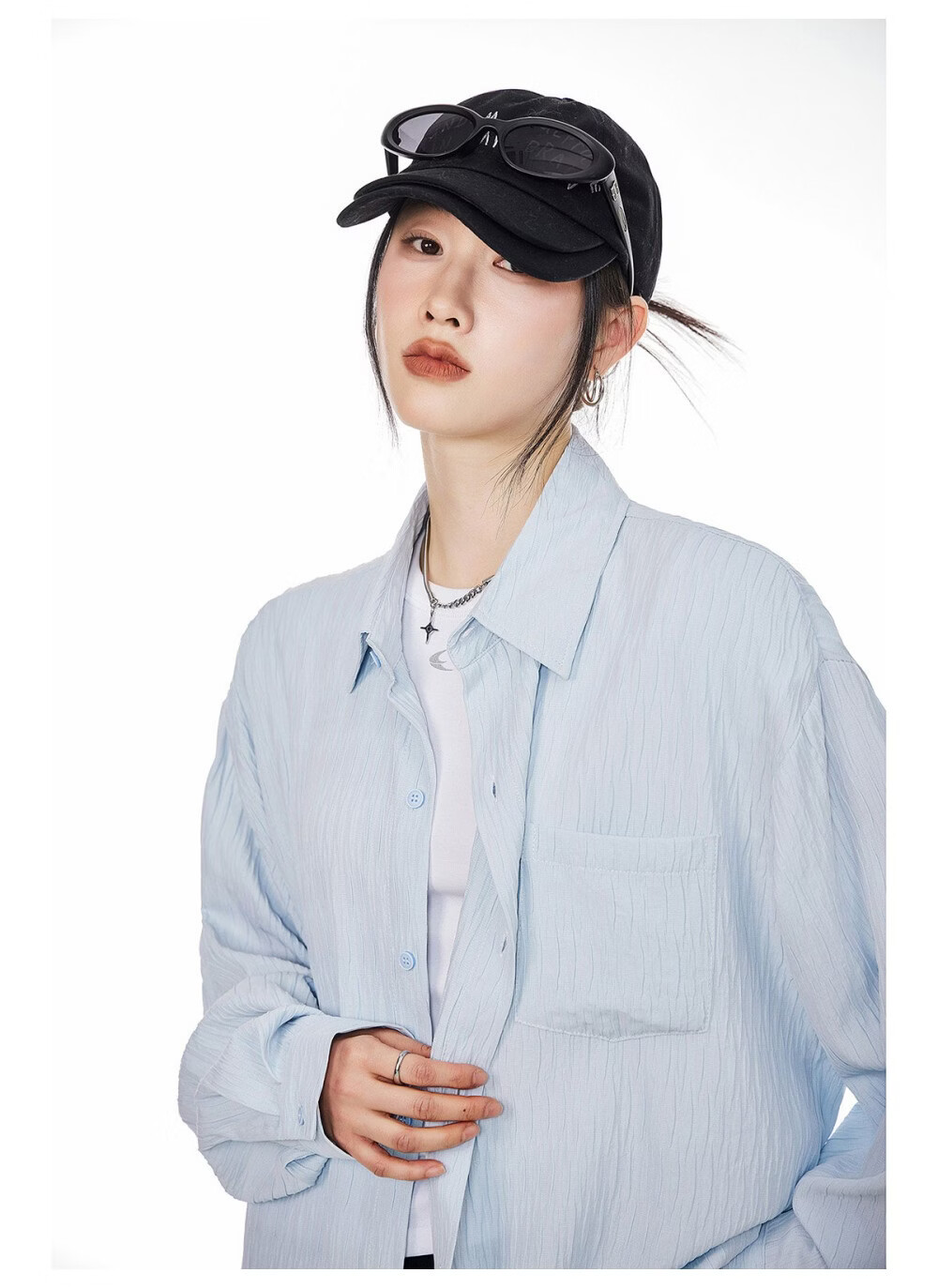 ICH MODE American Texture Physical Sunscreen Long Sleeve Shirt Women 2026 New Summer Premium Shirt Light Blue S 12
