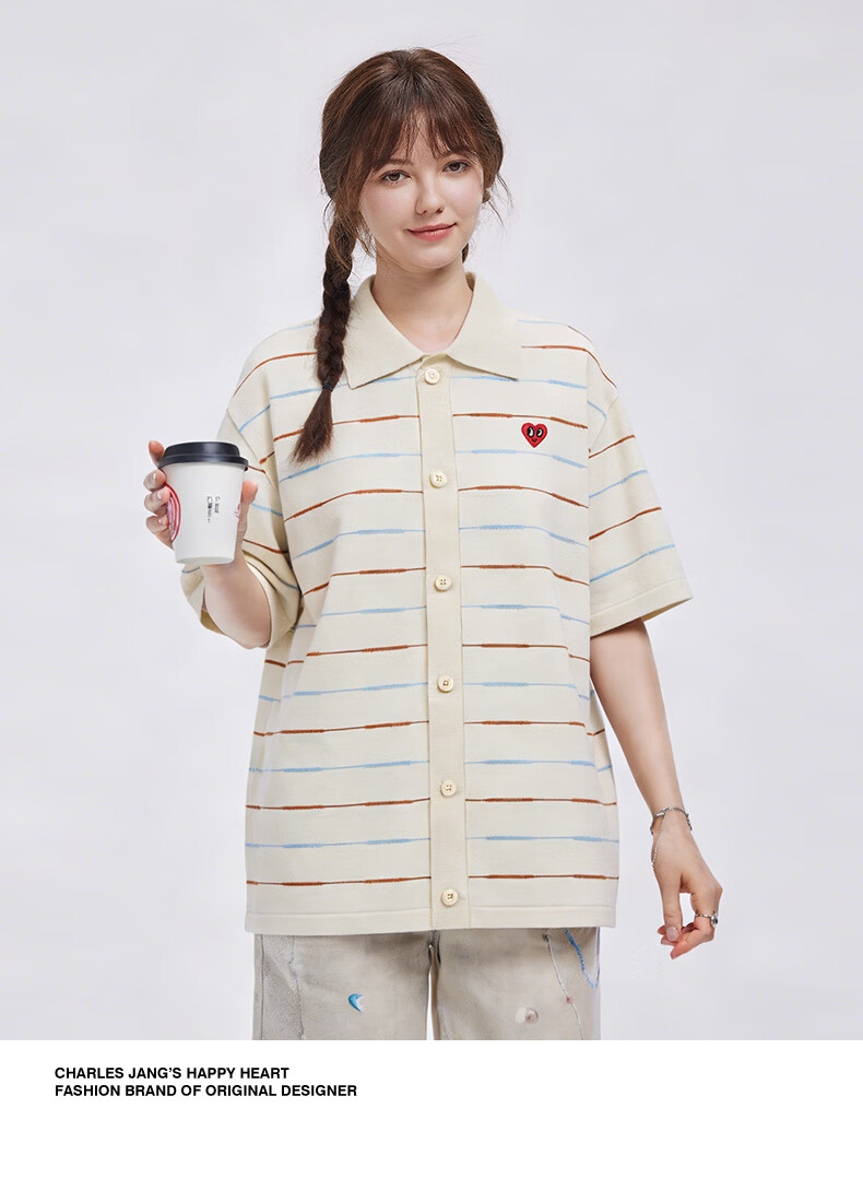 Charles Peach Heart Summer Trendy Small Heart Striped Couple Short Sleeve Polo Shirt Cool Casual Unisex Off-White XS 12