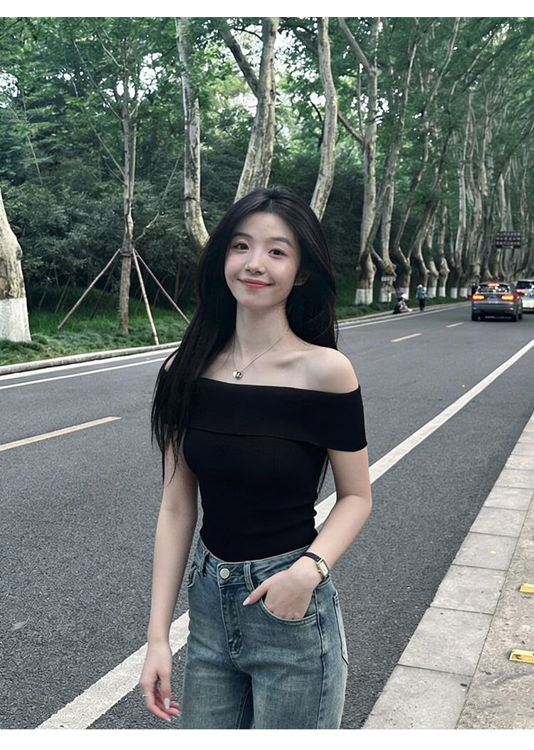 Shuangxing Women's Off-Shoulder Short Sleeve T-Shirt Summer New French Style Elegant Slim Fit Black L 7