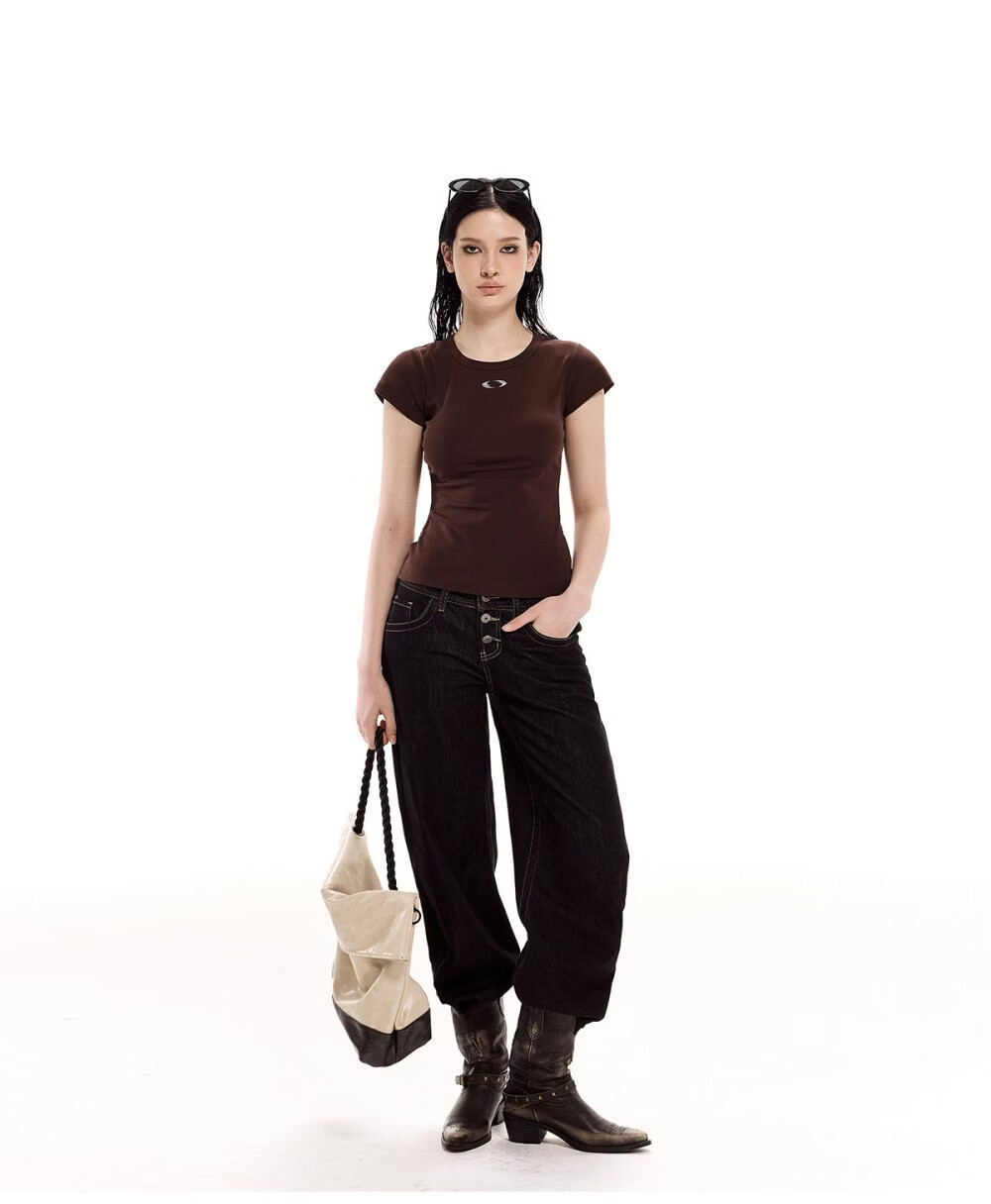 ICH MODE Women's American Slim Fit Short Sleeve T-Shirt Summer New Trendy Crop Top Black S 24