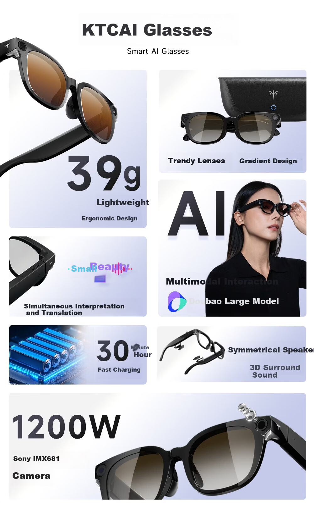 KTC AI Translation Smart Glasses Real-time Conversation Simultaneous Translator Xiaomi Alternative Portable Travel Meeting Assistant Bluetooth Recording Audio Glasses KTC-G1 2
