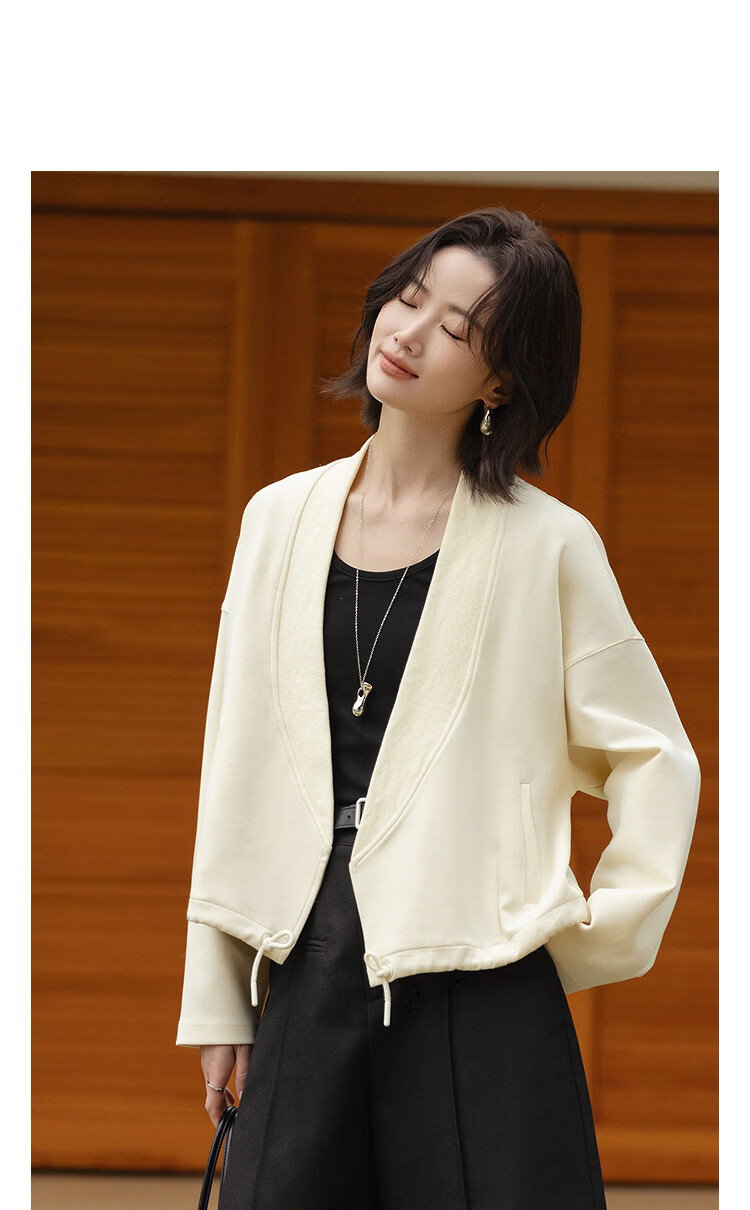 Demana Q-Elastic Air Layer Spring Minimalist Glossy V-Neck Drawstring No-Button Loose Petite Women's Jacket 10