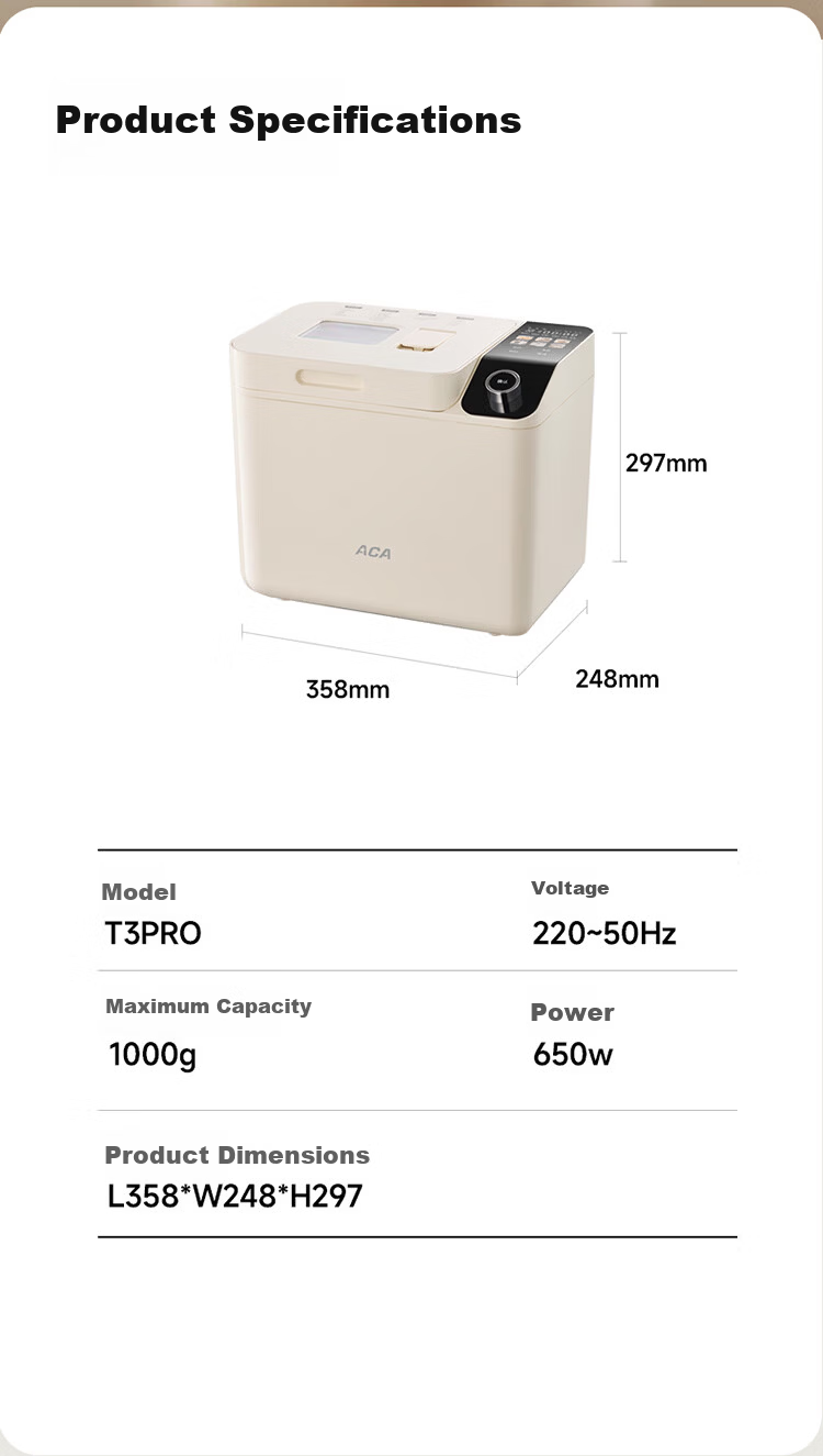 ACA Automatic All-In Bread Maker, Multifunctional Bread And Pastry Machine, Automatic Sprinkle Yeast Filling, Aluminum Pressed Inner Pot, T5 Pro 19