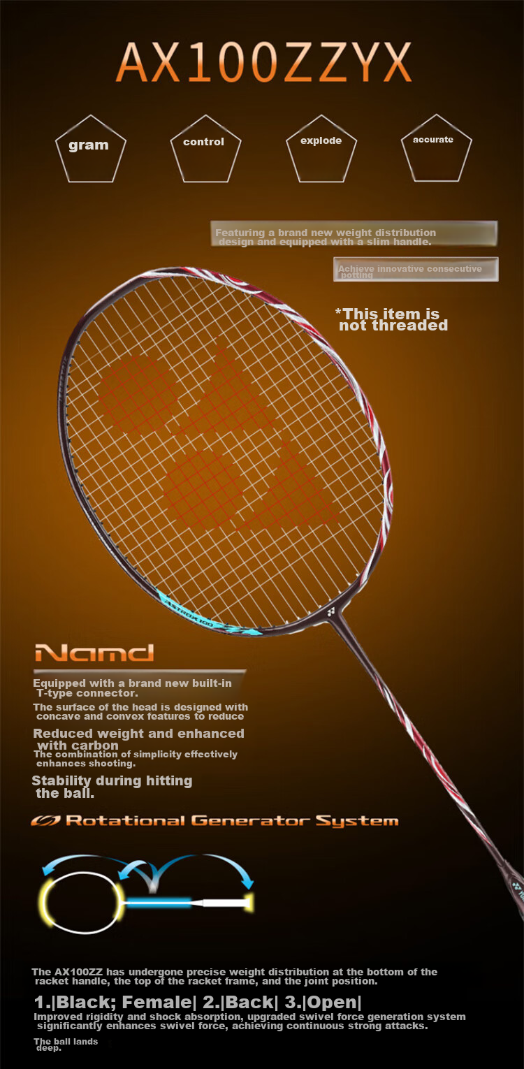 YONEX Badminton Racket, Full Carbon Single Racket, Competition Strong Attack AX100ZZ Tianfu Ancient Red 4U5 1