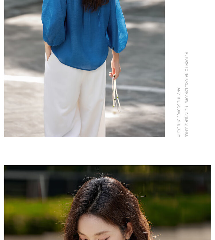 Vimly New Chinese Style National Wind Pleated Round Neck Shirt Women New Flowing Shoulder Jacket Top Peacock Blue XL 17
