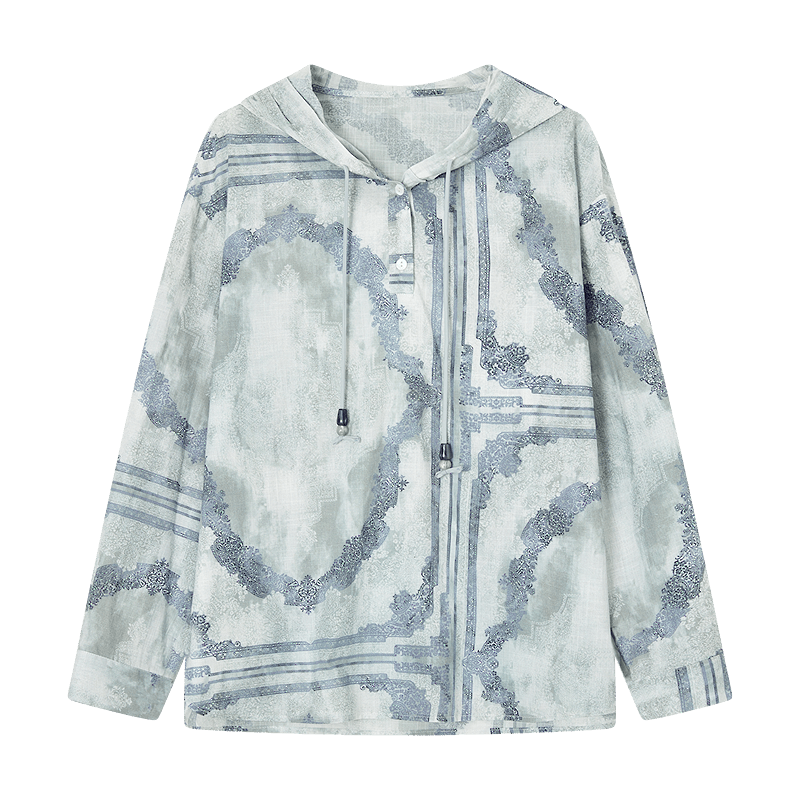 Demana [Yunxiang Pure Cotton] Spring Retro Style Hooded Ink Print Beaded Drawstring Loose Fit Petite Women's Shirt