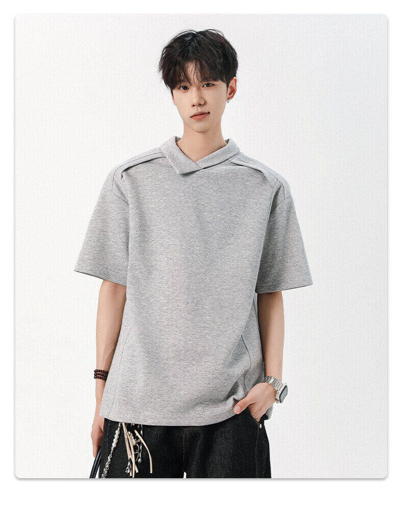 Foss Phil Premium Deconstructed Collar T-Shirt Men Summer Irregular Design Polo Shirt Short Sleeve DT54401 Light Gray XL 7
