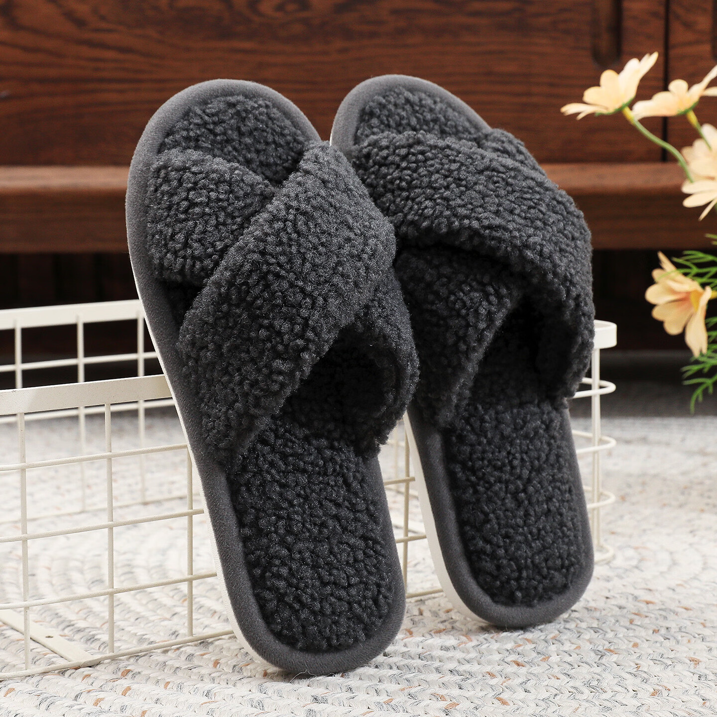 XGGC Cross Fuzzy Slippers Spring Autumn Indoor Couples Home Open Toe Ins Plush Cotton Slippers Black 36-37
