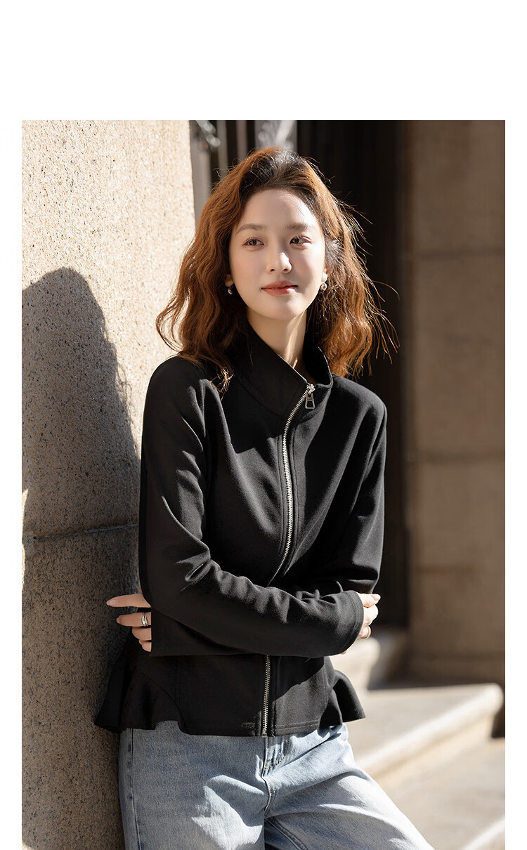 Demana Sandwashed Air Layer Spring Korean Style Stand Collar Ruffle Slim Fit Petite Women's Casual Jacket 14