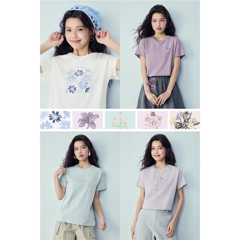 Giordano Women's Short Sleeve T-Shirt New Pure Cotton Romantic Floral Print Crew Neck Casual Top 05396386