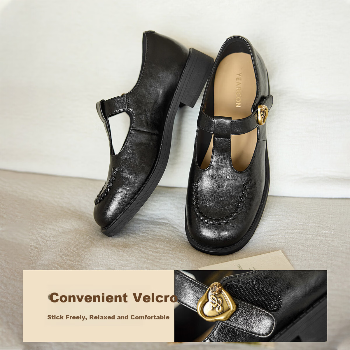 Eierkang Women's Loafers Vintage Commuter T-Strap Leather Mary Jane Shoes 32005W Black Size 38